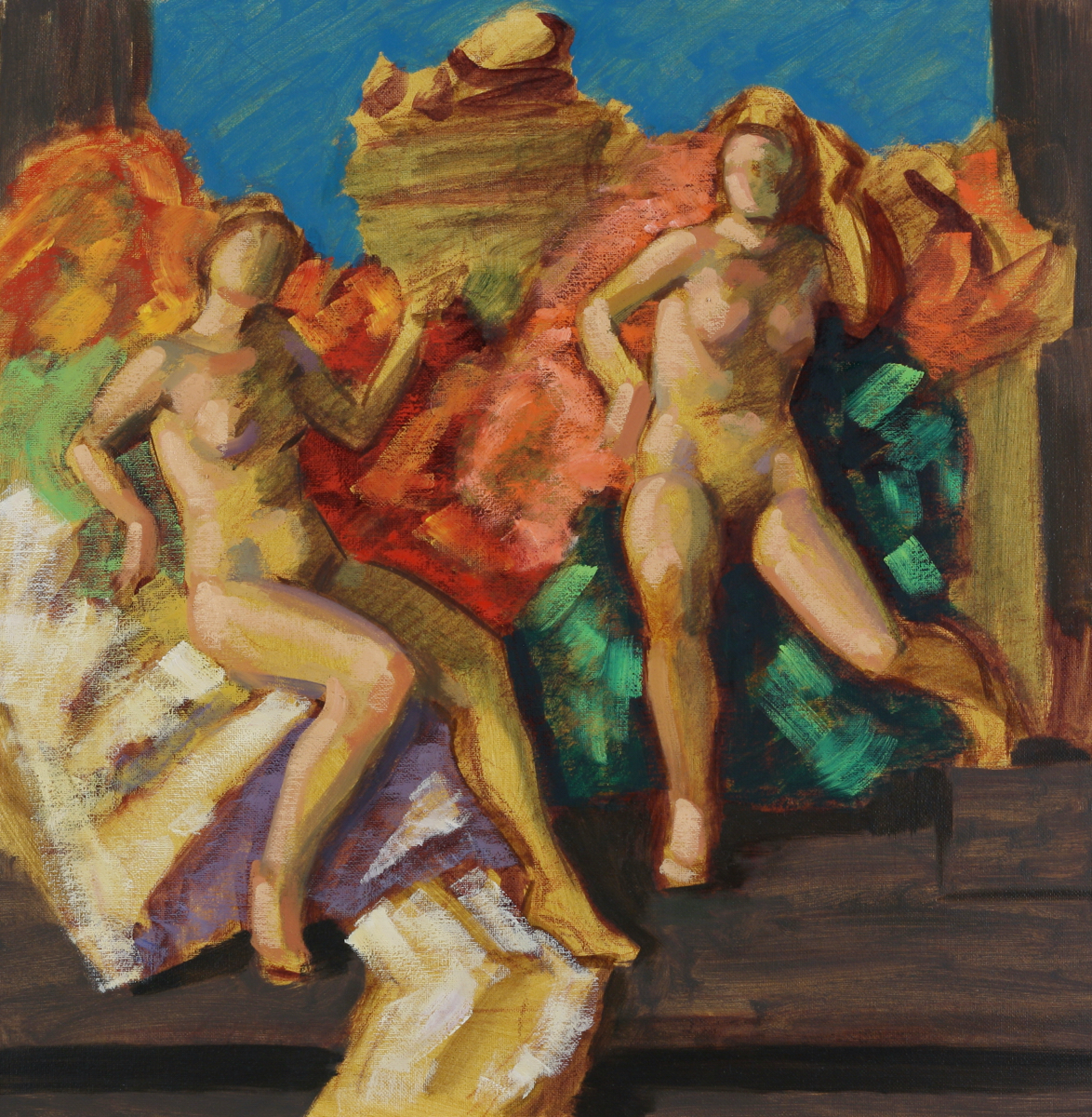 Maenads; oil on canvas board, 50 x 50 cm, 2023